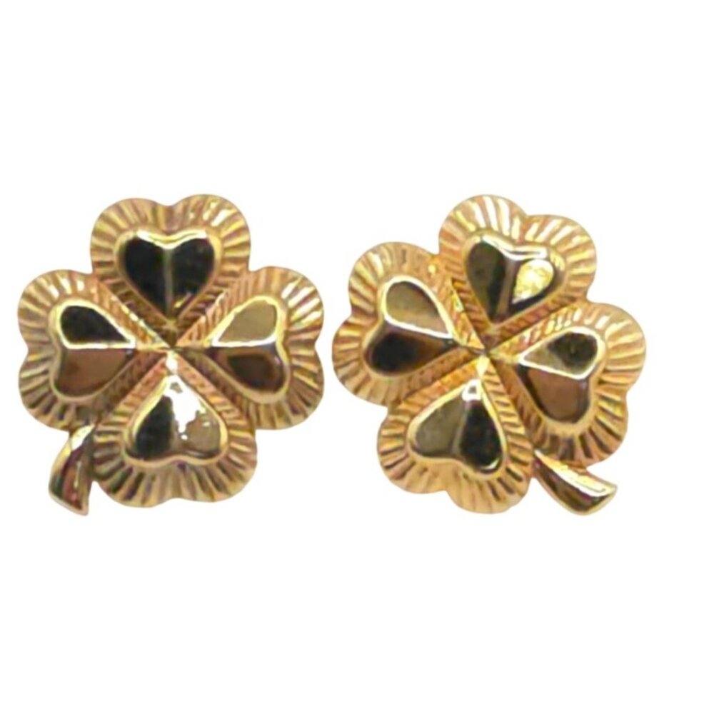 Gold Tone Four-Leaf Clover Earrings With Heart Shaped Petals And Stud Back Desig